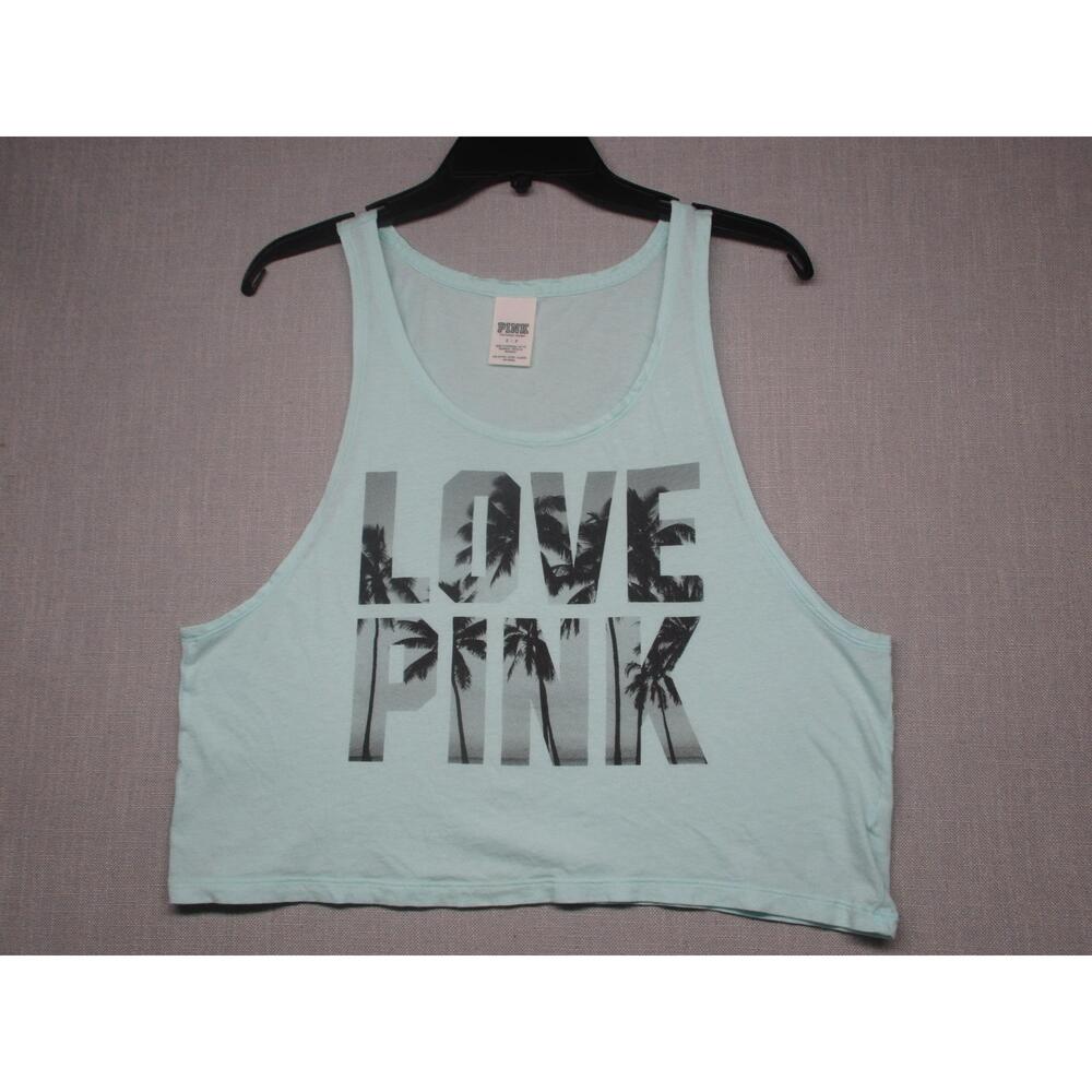 PINK VICTORIA'S SECRET Light Blue Tropical Graphic Cropped Tank Top Size SP